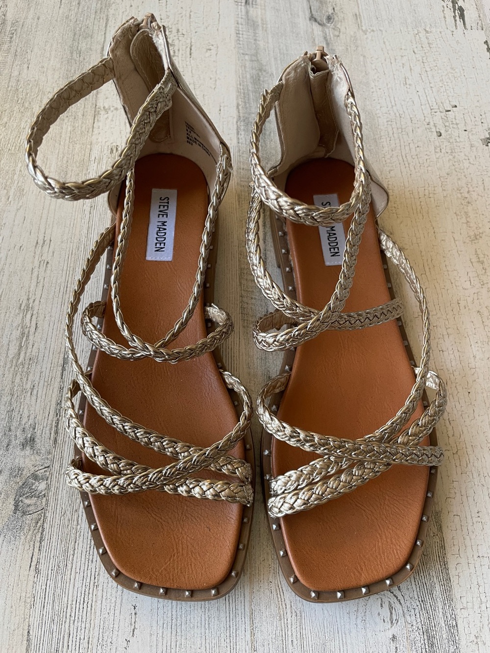 Steve Madden Braided Ankle-Wrap Sandals in Metallic Gold SZ 8.5